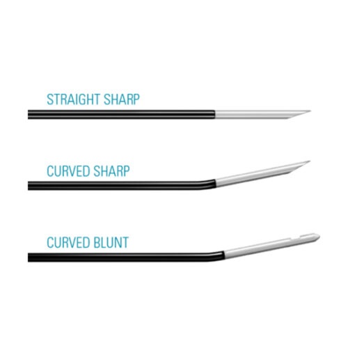 Three versions of RF cannulas—straight sharp, curved sharp, and curved blunt.